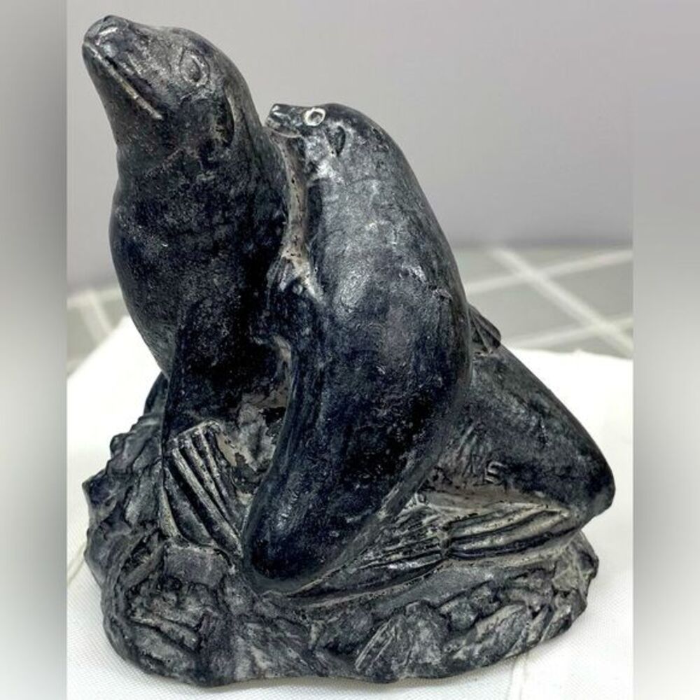 Seals Mom & Baby Carved Figurine Al Wolf Sculptures Canada Inuit Style Mammal